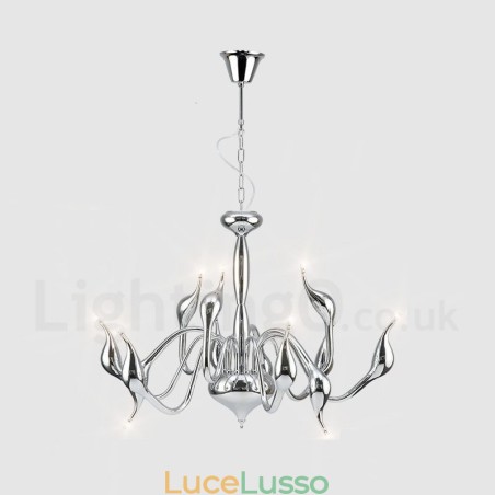 Lampadario a sospensione in metallo cromato moderno a forma di cigno da 12 luci Lampadario a sospensione in metallo cromato moderno a forma di cigno da 12 luci
