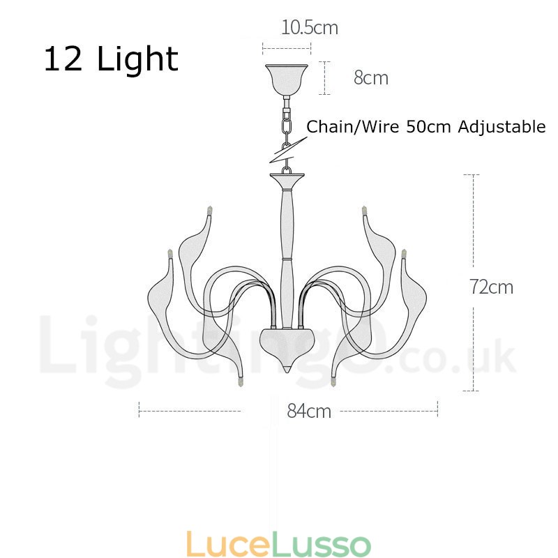 Lampadario a sospensione in metallo cromato moderno a forma di cigno da 12 luci