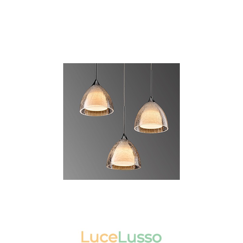 Lampada a sospensione a 3 luci, due strati, in vetro crepato, cromo lucido