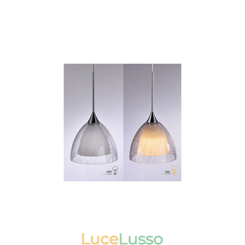 Lampada a sospensione a 3 luci, due strati, in vetro crepato, cromo lucido