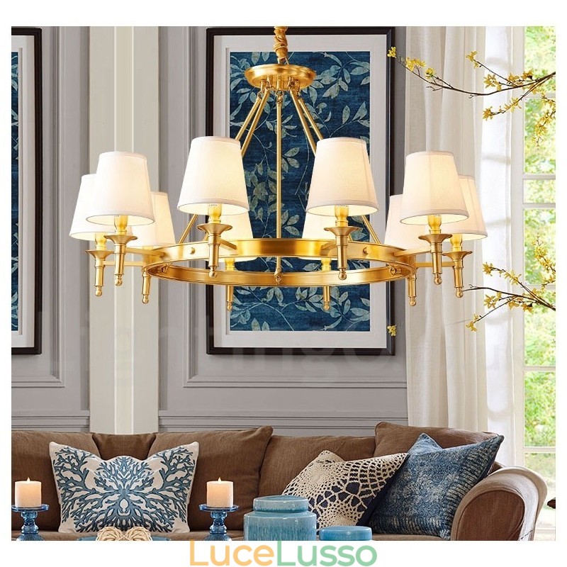 Lampadario rotondo in ottone puro, luce pendente tradizionale classica