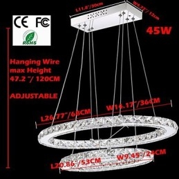Moderna lampada a sospensione in cristallo con doppio anello ovale per