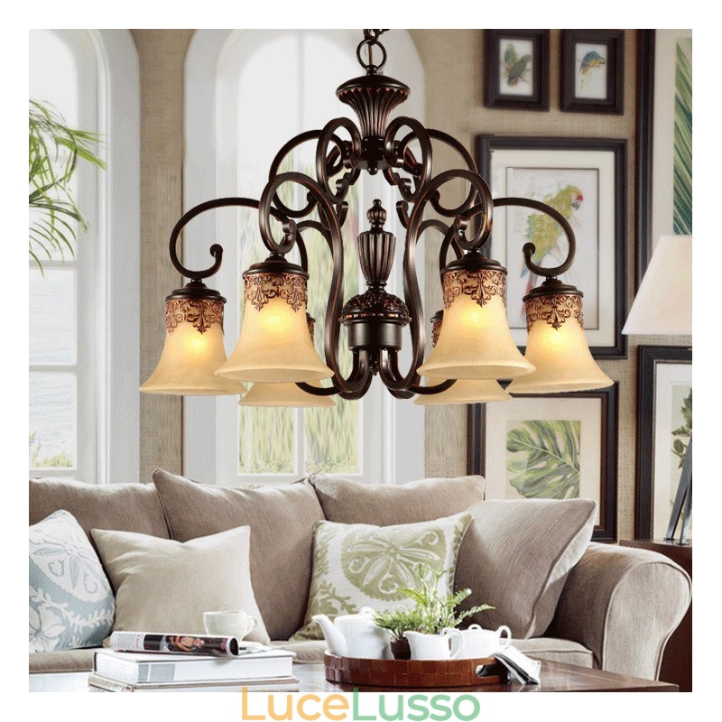 Lampadario a sospensione 6 luci Vintage Country Island metallo + vetro