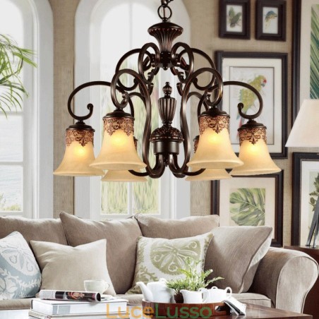 Lampadario a sospensione 6 luci Vintage Country Island metallo + vetro Lampadario a sospensione 6 luci Vintage Country Island metallo + vetro
