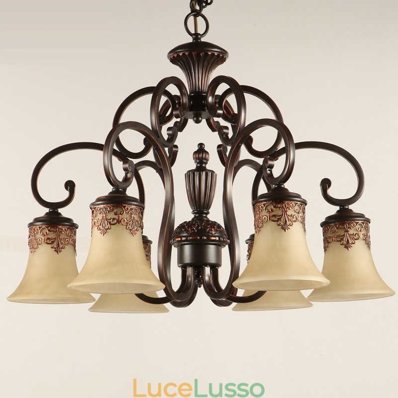 Lampadario a sospensione 6 luci Vintage Country Island metallo + vetro