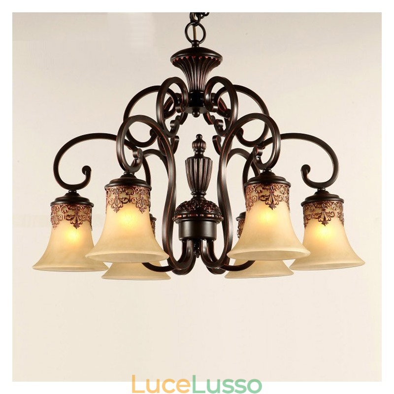 Lampadario a sospensione 6 luci Vintage Country Island metallo + vetro
