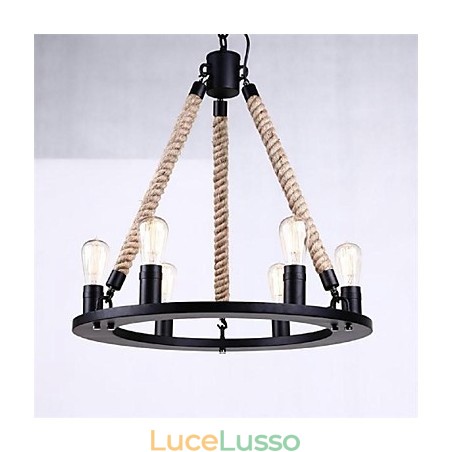 Lampada a sospensione 6 luci stile country in ferro battuto Lampada a sospensione 6 luci stile country in ferro battuto