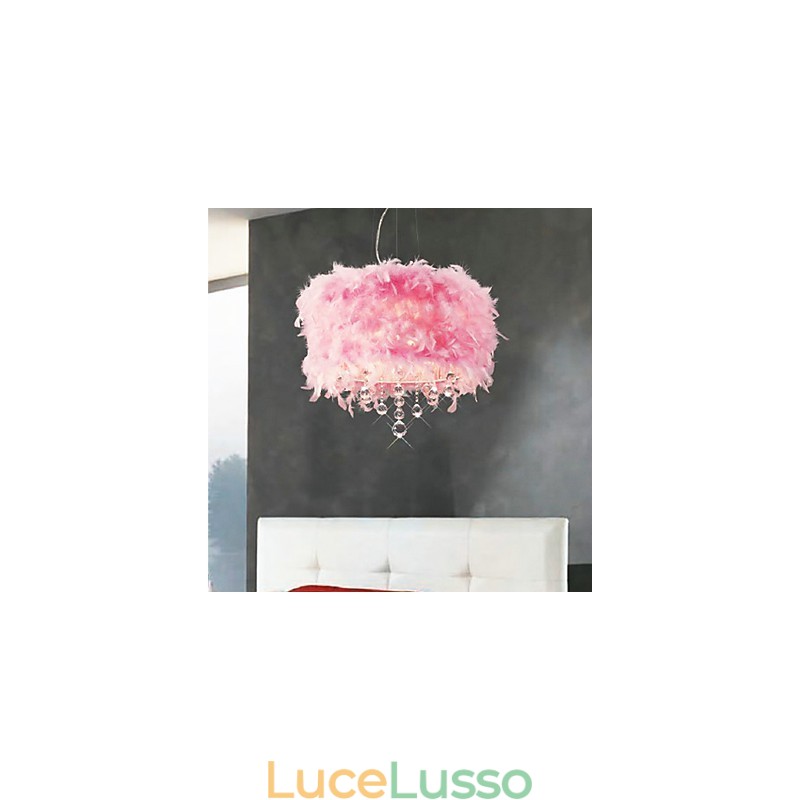 Lampada a sospensione in cristallo con 5 luci in paralume di piume rosa