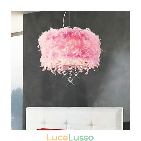 Lampada a sospensione in cristallo con 5 luci in paralume di piume rosa Lampada a sospensione in cristallo con 5 luci in paralume di piume rosa