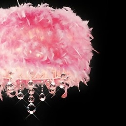 Lampada a sospensione in cristallo con 5 luci in paralume di piume rosa