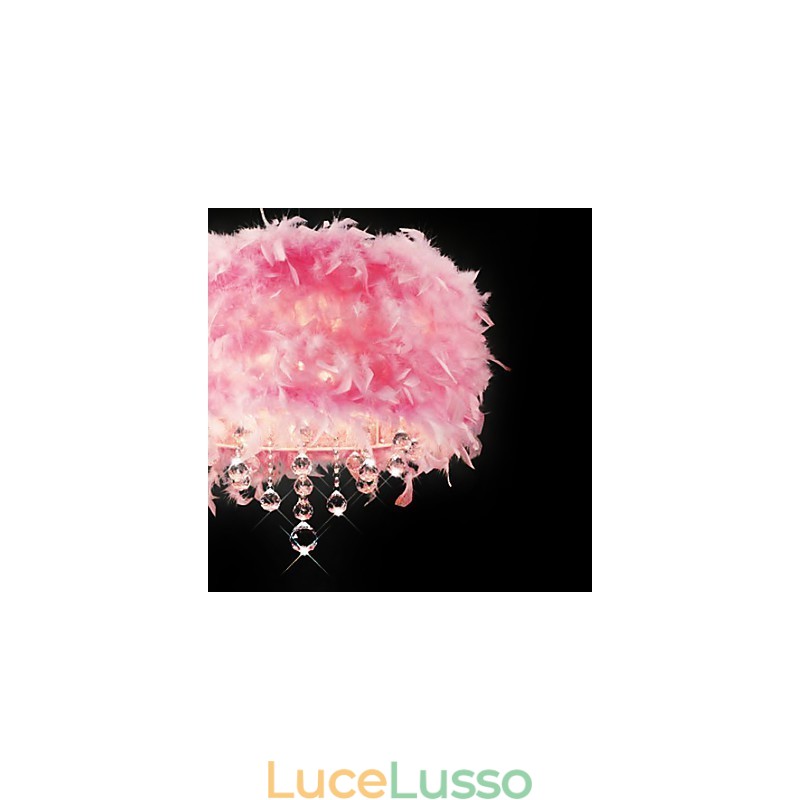 Lampada a sospensione in cristallo con 5 luci in paralume di piume rosa