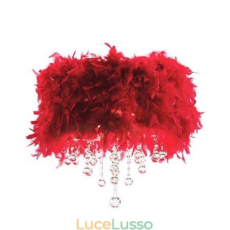 Lampada a sospensione in cristallo con 3 luci in paralume di piuma rossa Lampada a sospensione in cristallo con 3 luci in paralume di piuma rossa