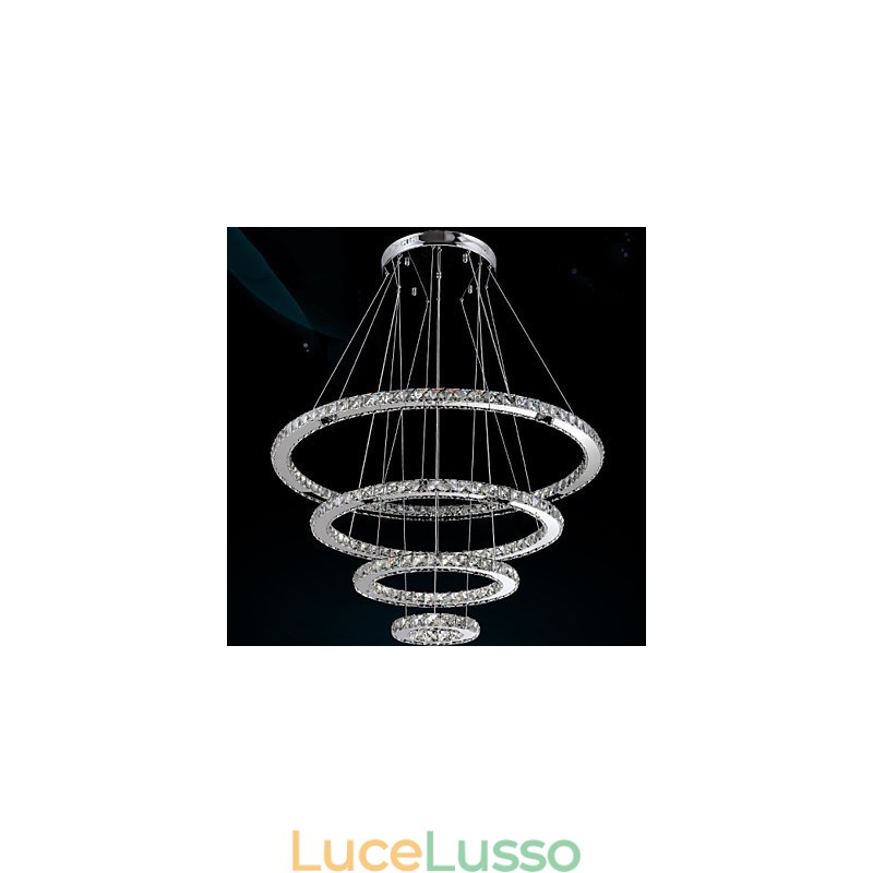 Lampadario a sospensione in cristallo K9, cristallo trasparente, rotondo, 4 anelli, anello grande (bianco caldo), altro (bianco freddo)