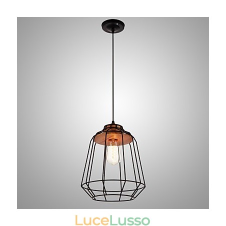 Lampada a sospensione con verniciatura in ferro e centro in legno Lampada a gabbia in ferro Lampada a sospensione con verniciatura in ferro e centro in legno Lampada a gabbia in ferro