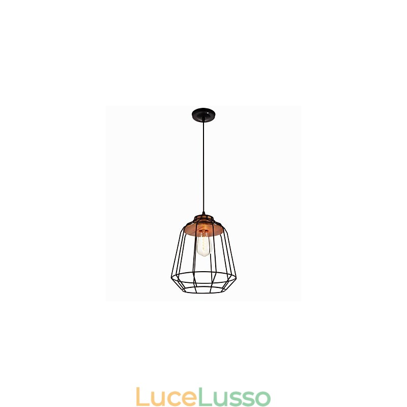Lampada a sospensione con verniciatura in ferro e centro in legno Lampada a gabbia in ferro