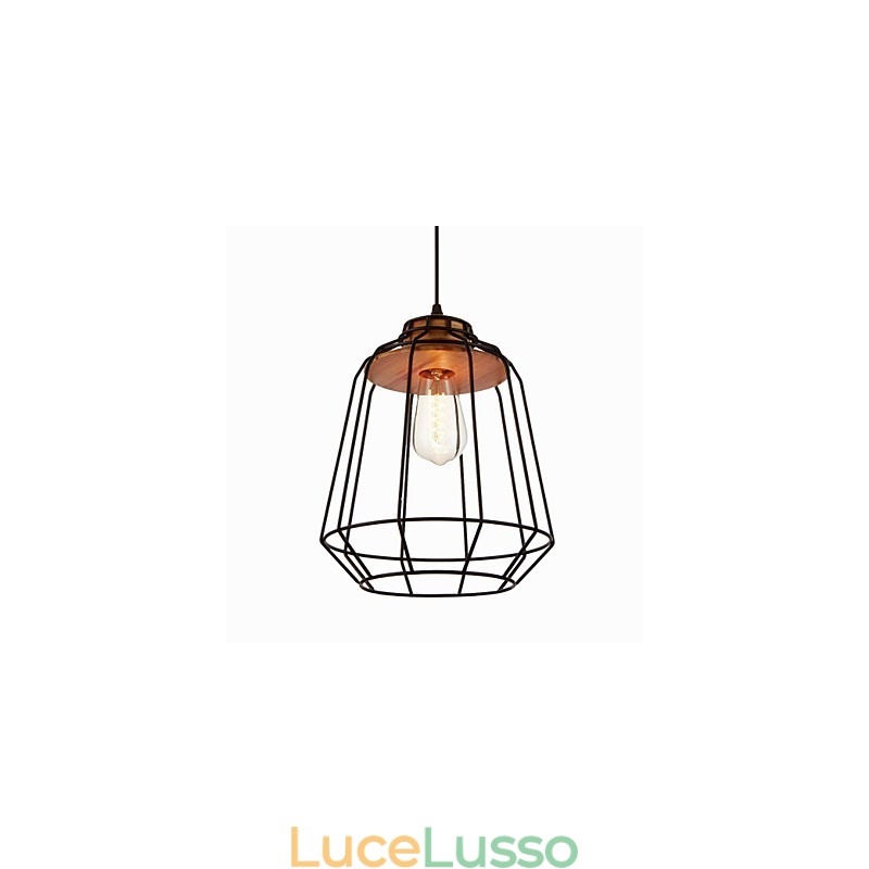 Lampada a sospensione con verniciatura in ferro e centro in legno Lampada a gabbia in ferro