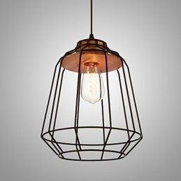 Lampada a sospensione con verniciatura in ferro e centro in legno Lampada a gabbia in ferro