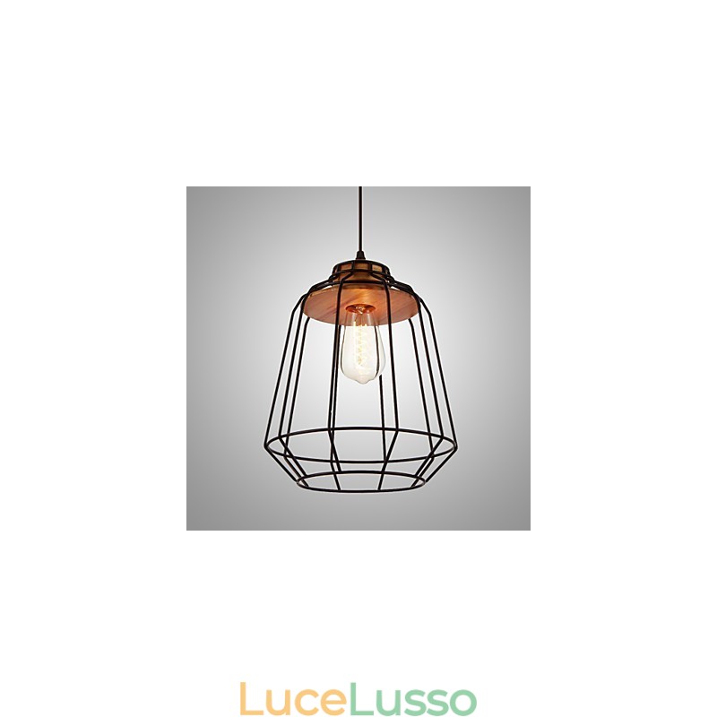 Lampada a sospensione con verniciatura in ferro e centro in legno Lampada a gabbia in ferro