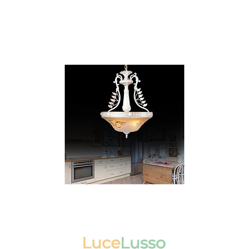 Lampadario bianco a tre luci con paralume in vetro dorato a mano, classico retrò europeo