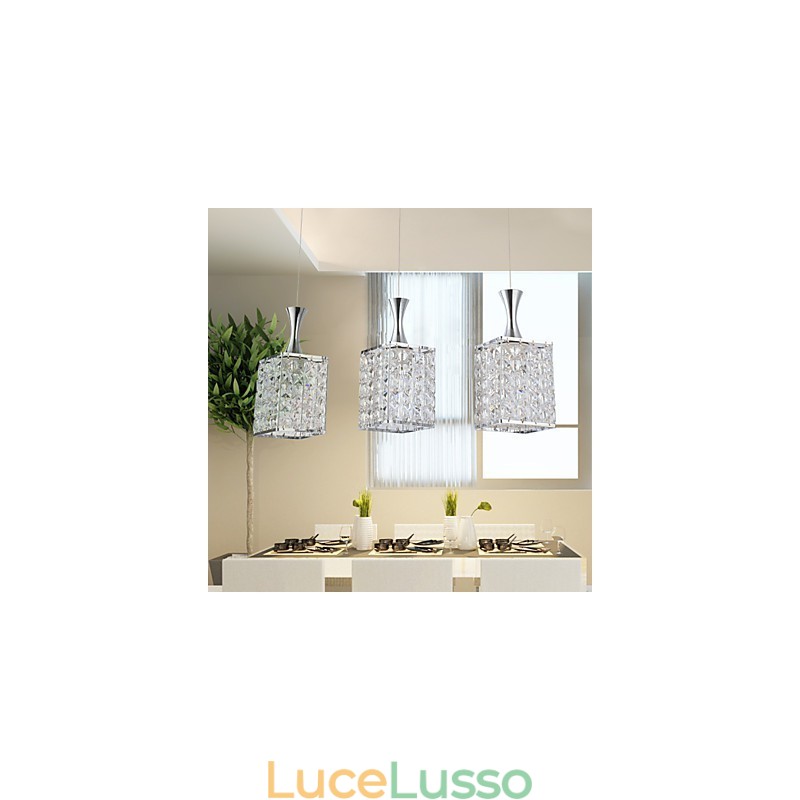 Lampadario a sospensione in cristallo K9 con struttura in metallo a 3 luci, lampadina a goccia