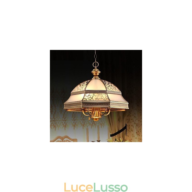 Lampada a sospensione in ottone a sei luci Vintage Total Copper Glass