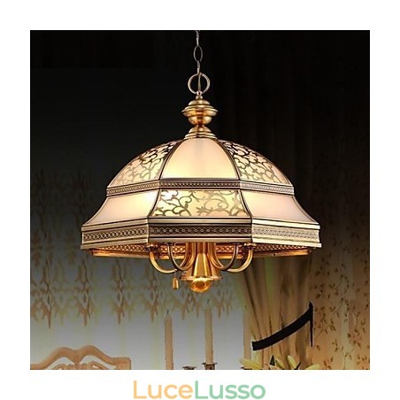 Lampada a sospensione in ottone a sei luci Vintage Total Copper Glass Lampada a sospensione in ottone a sei luci Vintage Total Copper Glass