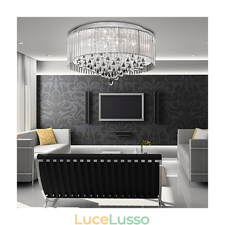 Elegante lampada a sospensione in cristallo con 8 luci in paralume cilindrico