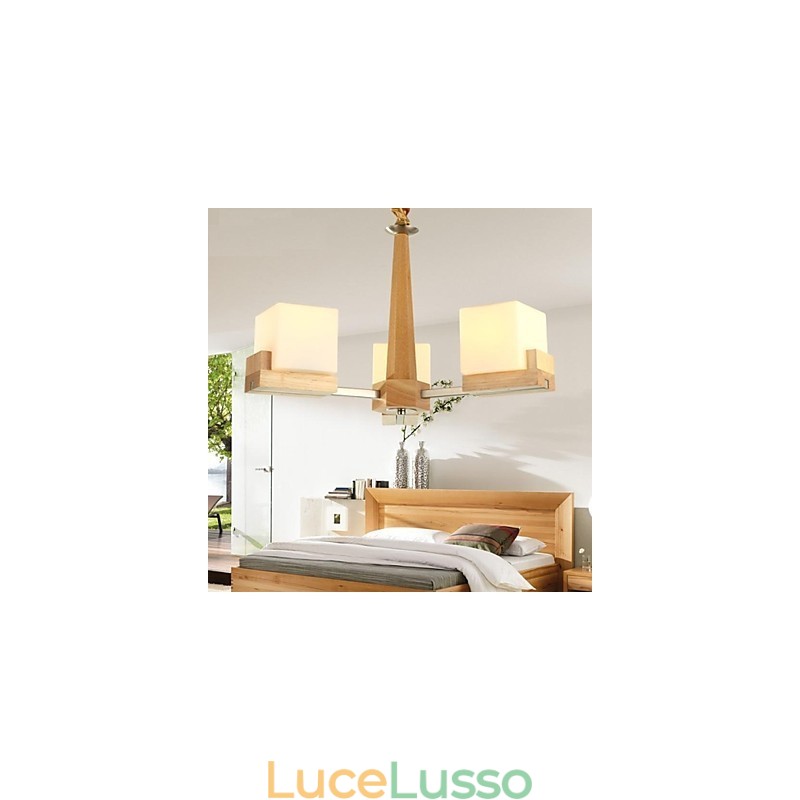 Lampada a sospensione in rovere a tre luci in rovere e vetro