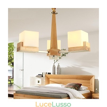 Lampada a sospensione in rovere a tre luci in rovere e vetro