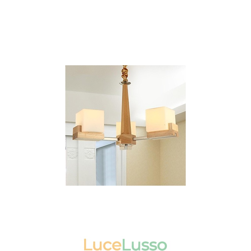 Lampada a sospensione in rovere a tre luci in rovere e vetro