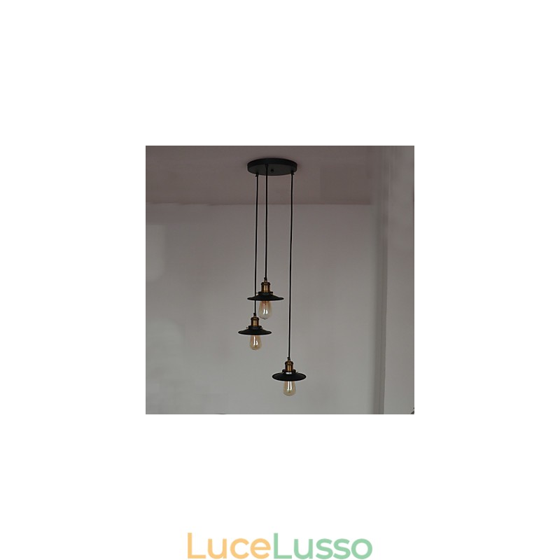 Lampada a sospensione vintage a 3 luci con paralume in ferro