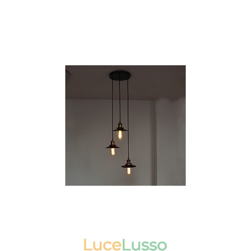 Lampada a sospensione vintage a 3 luci con paralume in ferro