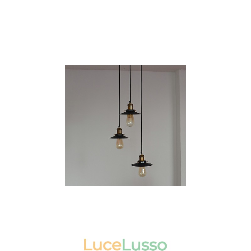 Lampada a sospensione vintage a 3 luci con paralume in ferro