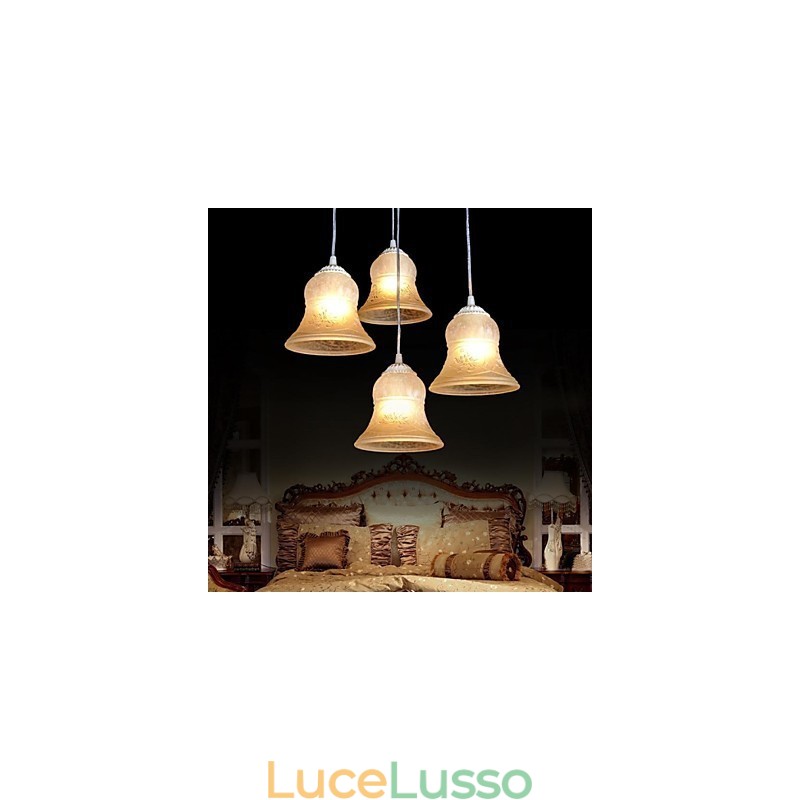 Lampadario bianco a quattro luci con paralume in vetro dorato a mano, classico retrò europeo