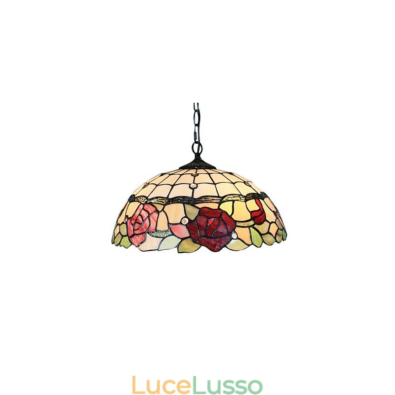 Lampada a sospensione con 2 luci in paralume con motivo a rosa