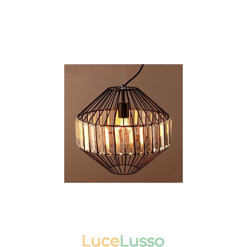 Lampadario in cristallo a gabbia per uccelli in ferro battuto d'epoca