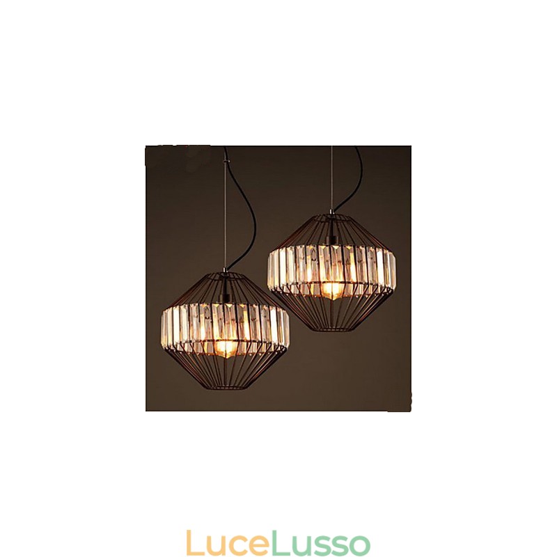 Lampadario in cristallo a gabbia per uccelli in ferro battuto d'epoca