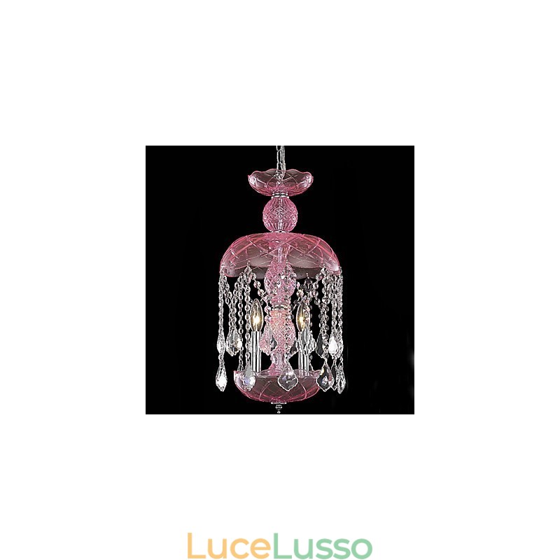 Lampada a sospensione moderna in cristallo con 3 luci in paralume rosa