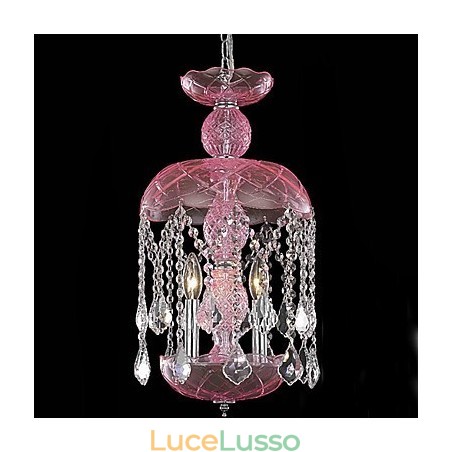 Lampada a sospensione moderna in cristallo con 3 luci in paralume rosa Lampada a sospensione moderna in cristallo con 3 luci in paralume rosa