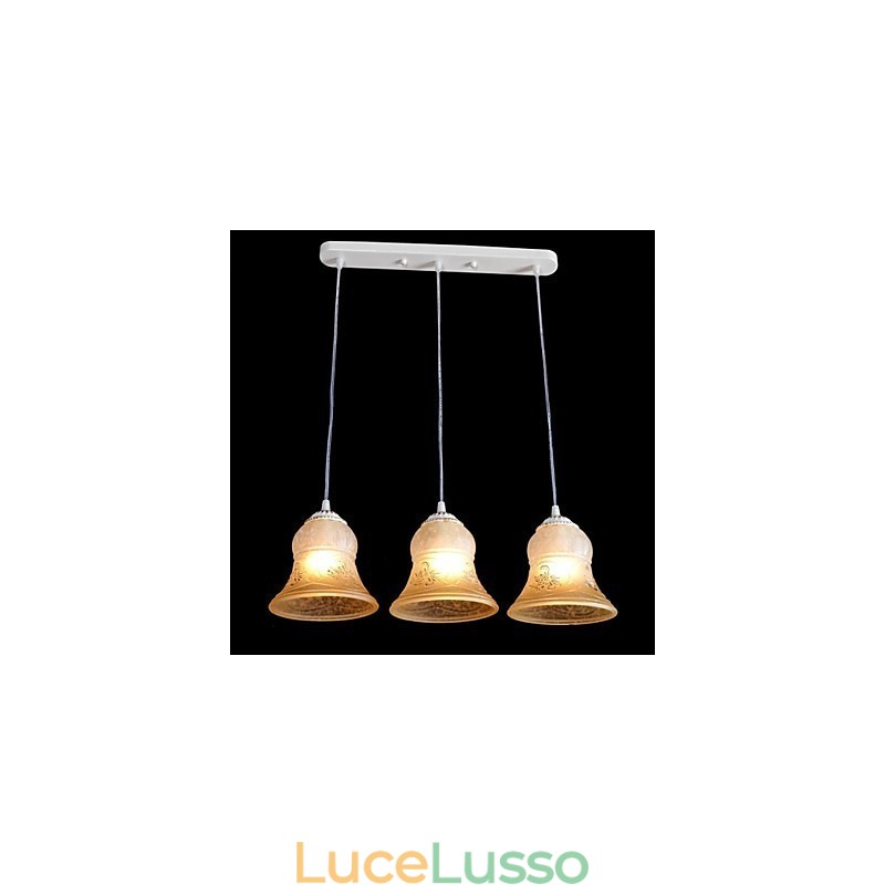 Lampadario bianco a tre luci con paralume in vetro dorato a mano, classico retrò europeo
