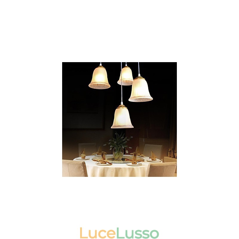 Pendente in bronzo con quattro luci, paralume in vetro, modello europeo retrò classico