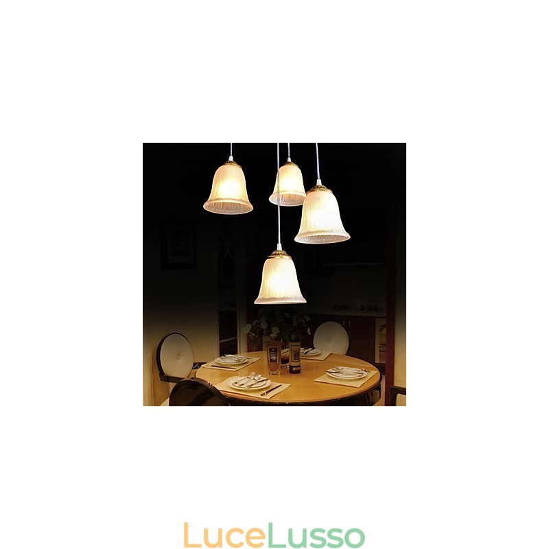 Pendente in bronzo con quattro luci, paralume in vetro, modello europeo retrò classico