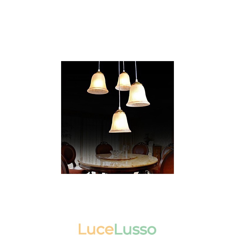 Pendente in bronzo con quattro luci, paralume in vetro, modello europeo retrò classico