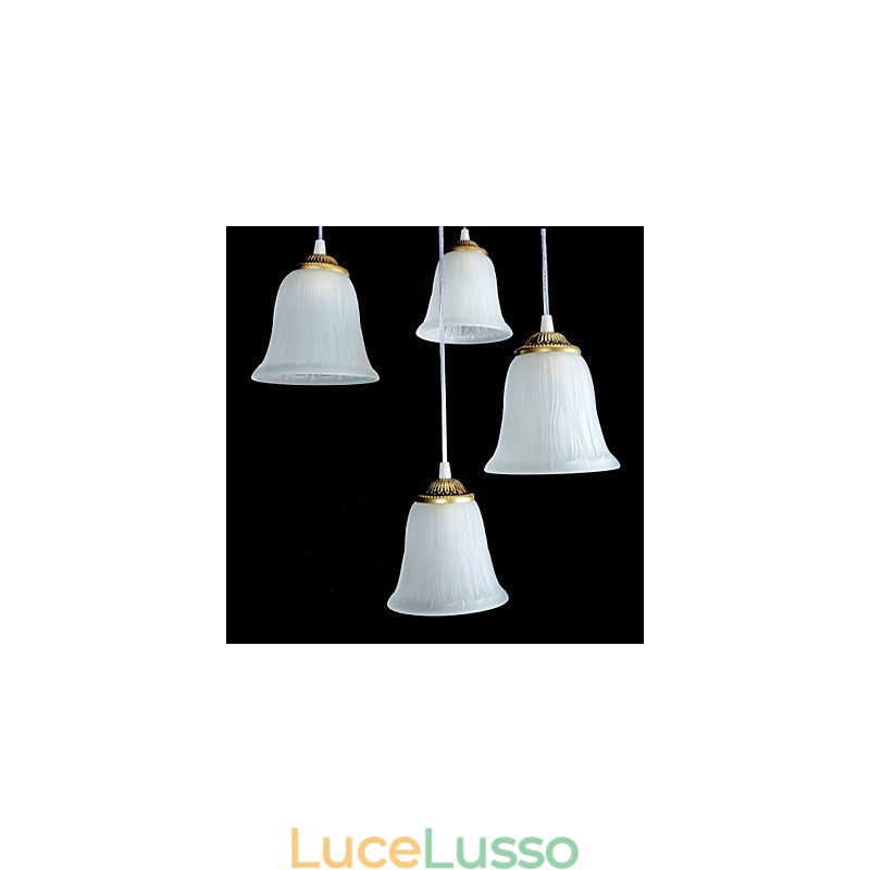 Pendente in bronzo con quattro luci, paralume in vetro, modello europeo retrò classico