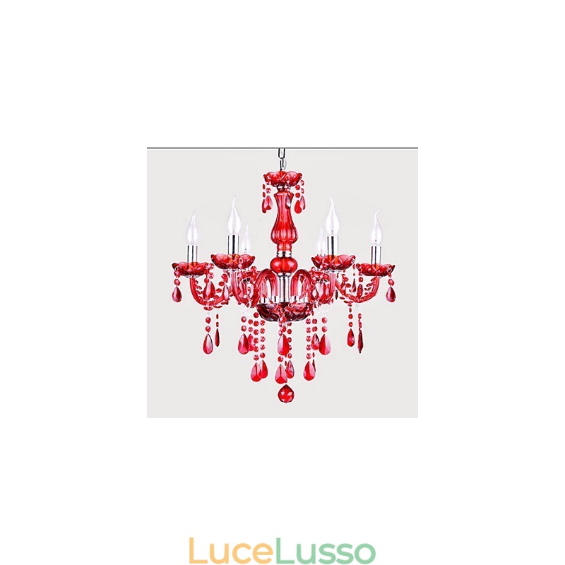 Lampadario Rosso Cristallo Lusso Moderno 6 Luci