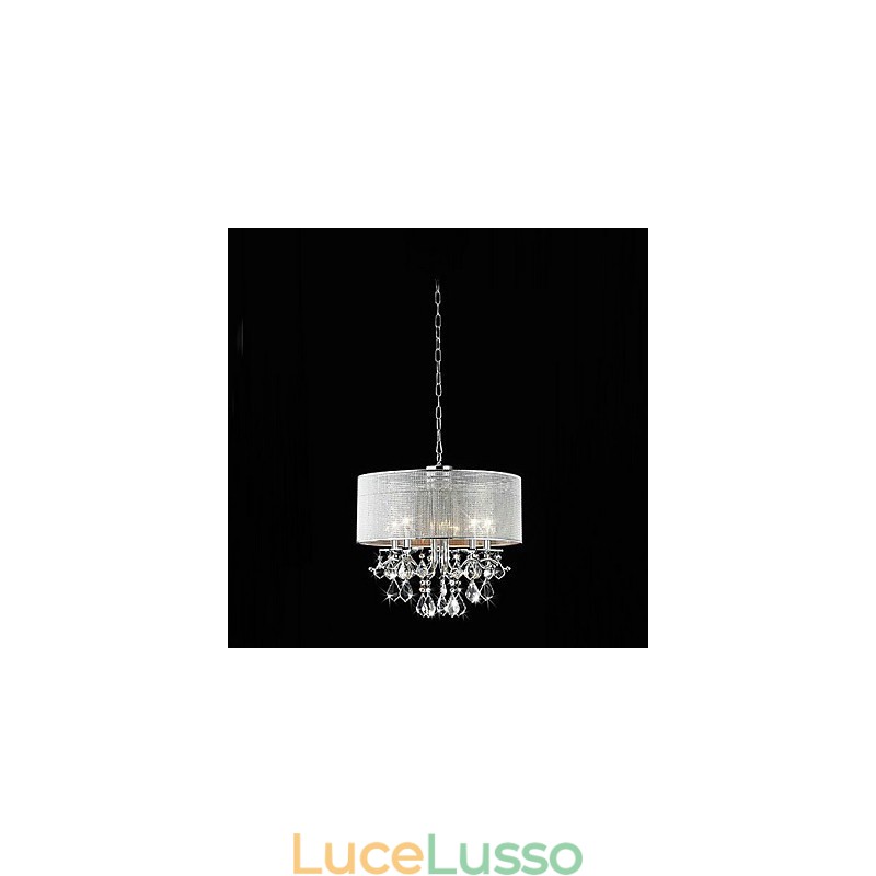 Moderna lampada a sospensione in cristallo a 5 luci con paralume in tessuto