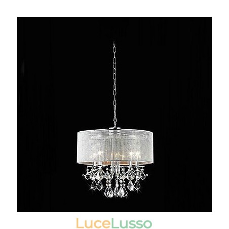 Moderna lampada a sospensione in cristallo a 5 luci con paralume in tessuto Moderna lampada a sospensione in cristallo a 5 luci con paralume in tessuto