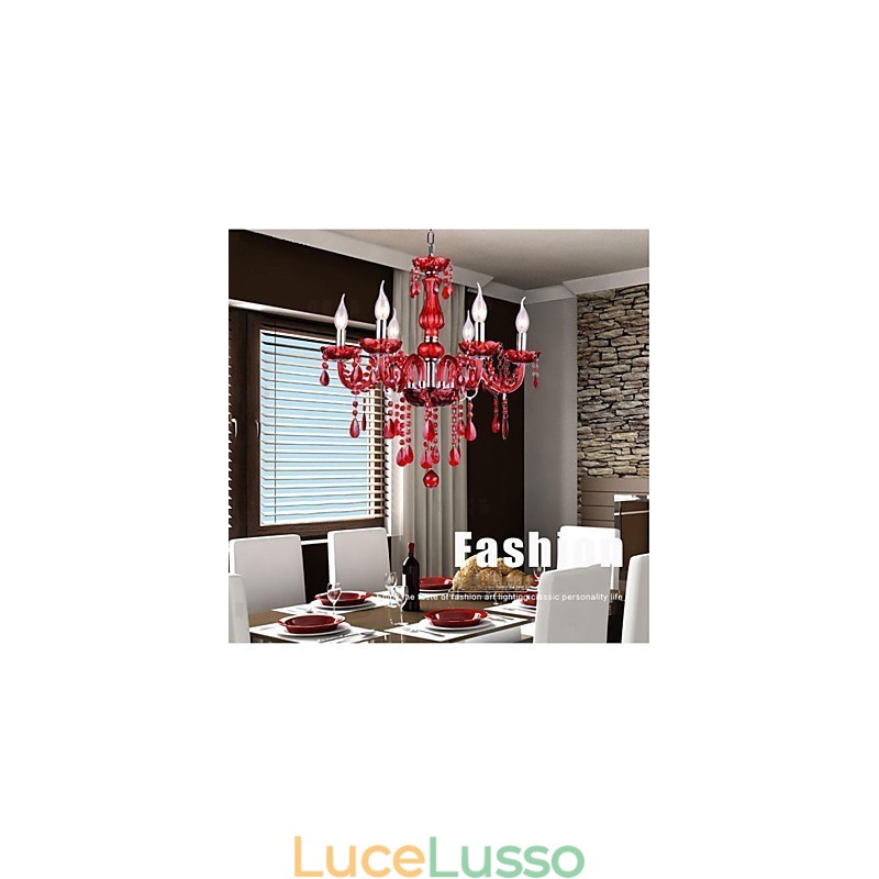 Lampadario Rosso Cristallo Lusso Moderno 6 Luci