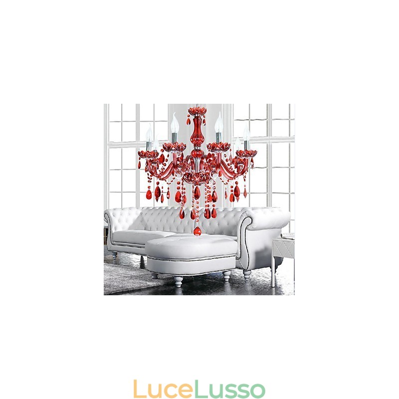 Lampadario Rosso Cristallo Lusso Moderno 6 Luci