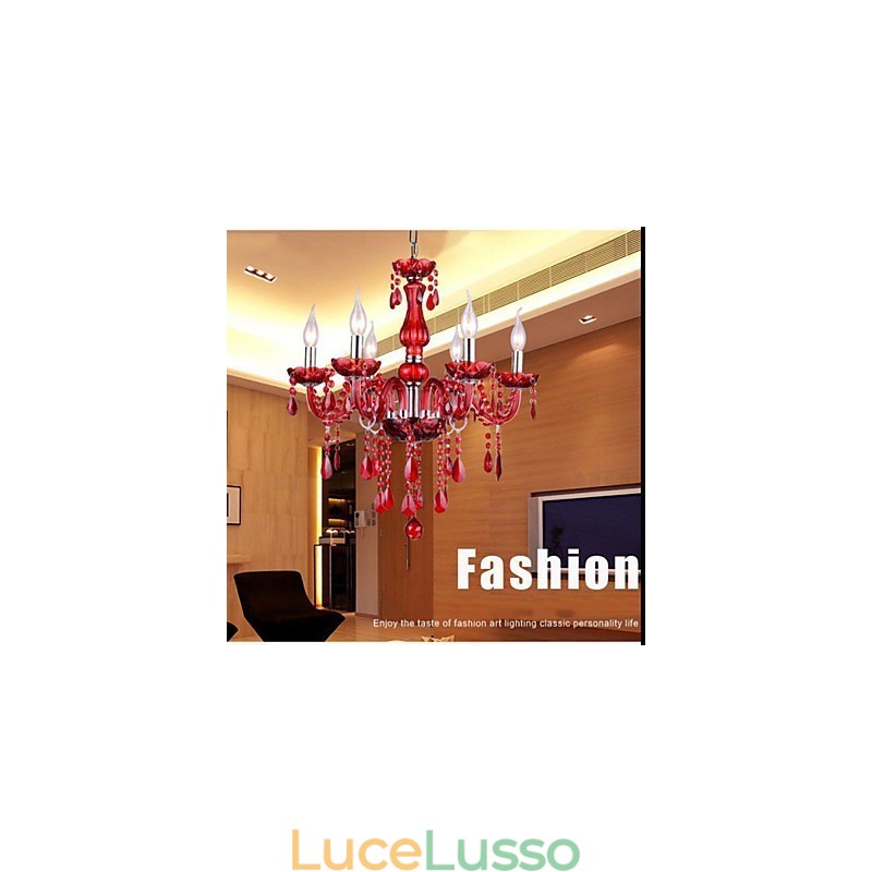 Lampadario Rosso Cristallo Lusso Moderno 6 Luci